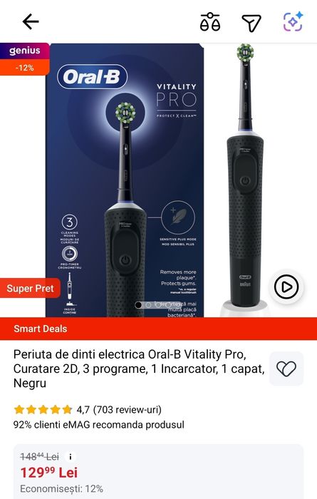 Periuta de dinti electrica Oral-B Vitality Pro, Curatare 2D, 3 program