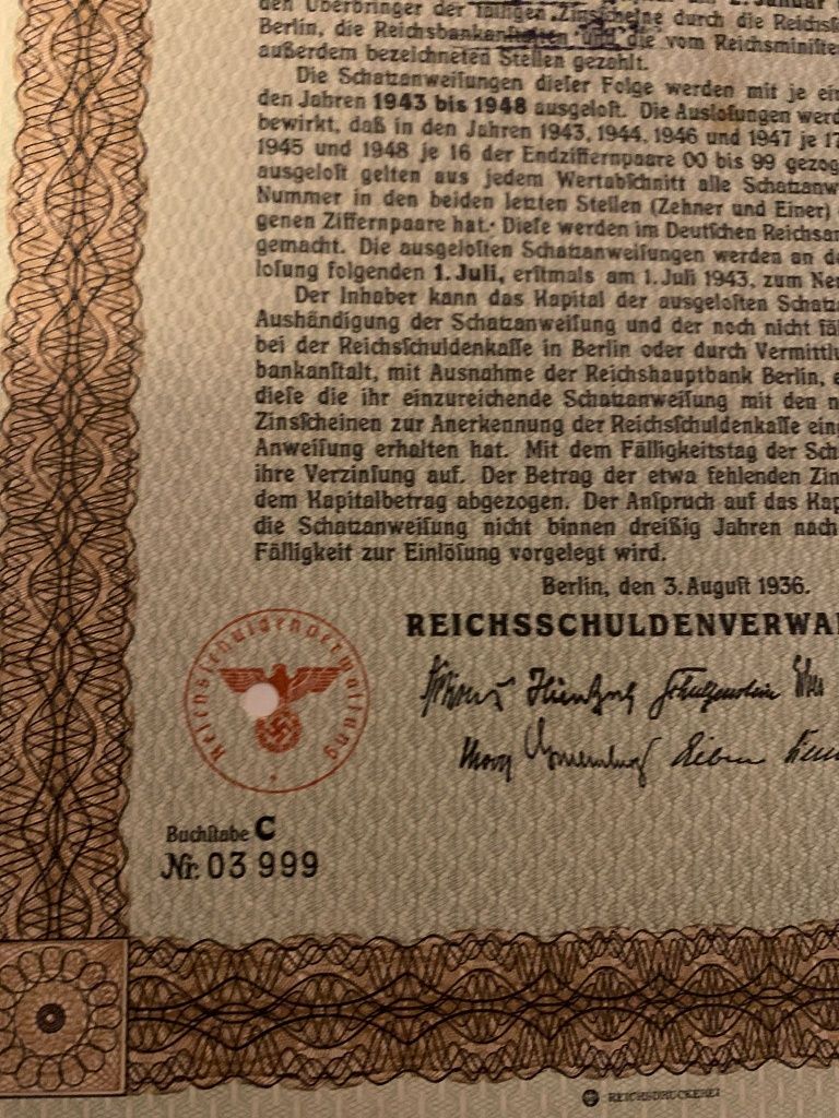 5000 Marci 1936 Germania Obligatiune nazista Titlu de Stat