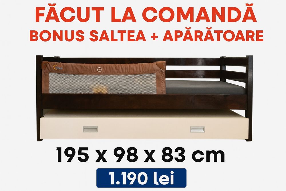 Pat dublu din lemn masiv de brad, cu pat extensibil – bonus saltea și