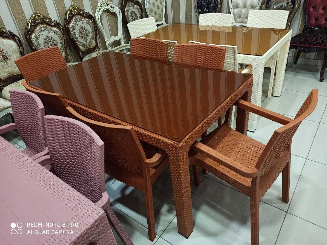 Качественные плетёные столы со стульями на 6 человек для дачи и кафе