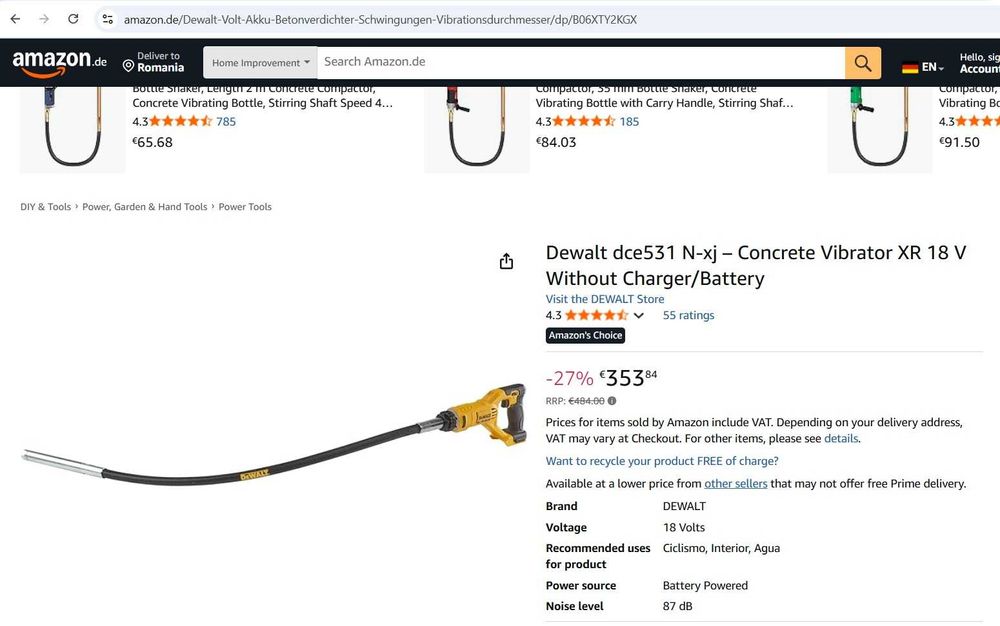 Vibrator beton Dewalt dce531 N-xj – XR 18 V fără încărcător/baterie