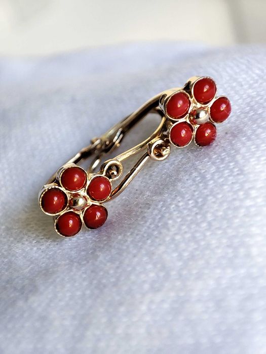 Cercei Aur 14K Copii Fetite Coral Rosu Montura Bezel 5 Petale