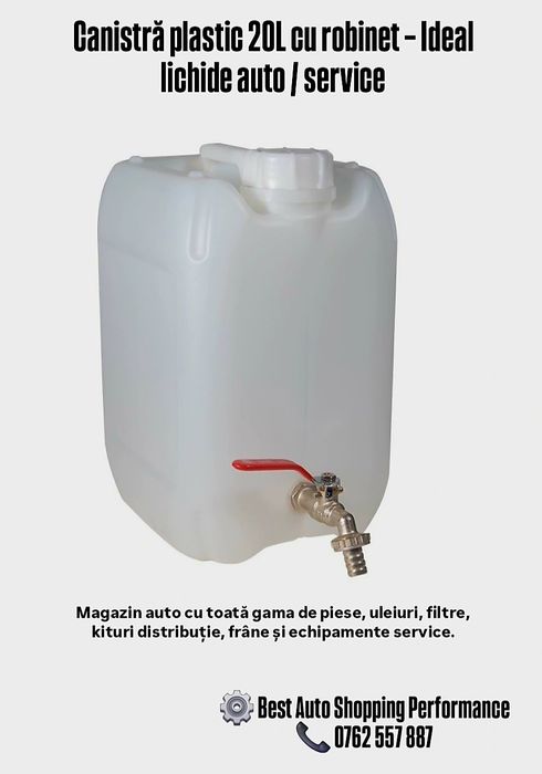 Canistră plastic 20L cu robinet – Ideal lichide auto / service