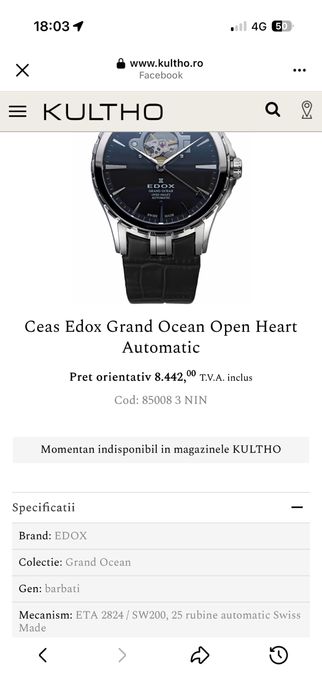 Edox Grand Ocean Open Heart Automatic 85008 cu garantie!