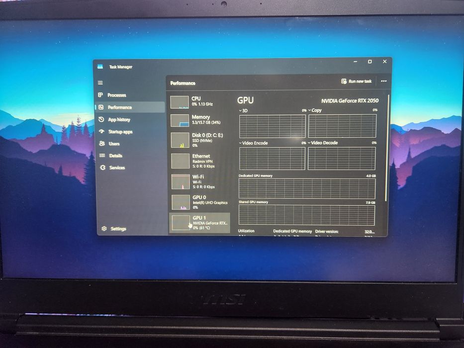Laptop gaming performant MSI THIN GF63 512gb Stocare 16gb ram
