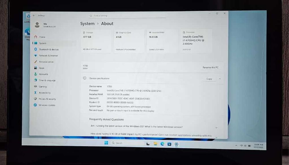 Lenovo Ideapad Y700 – i7/16GB RAM/SSD 512/GTX960M – defect display