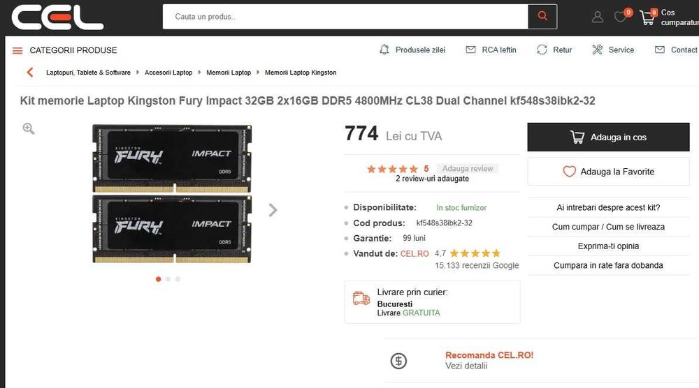 sodim , memorie Laptop Kingston Fury 32GB  2x16GB DDR5 4800MHz ,noi
