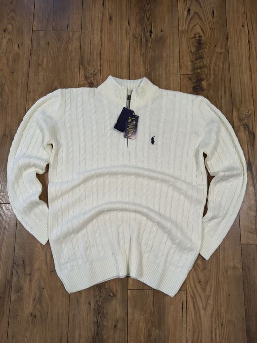 Pulover clasic, cable knit, half zipper, RL, cozy, alb-unt