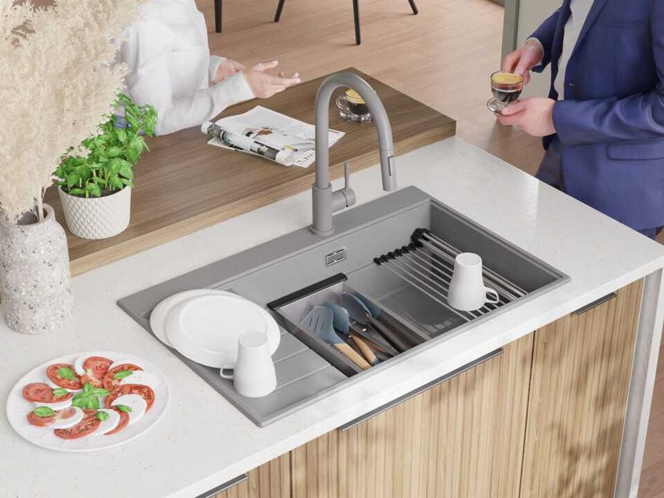 Сива гранитна кухненска мивка Сидни 780-60 Ergo Multilevel 780х500