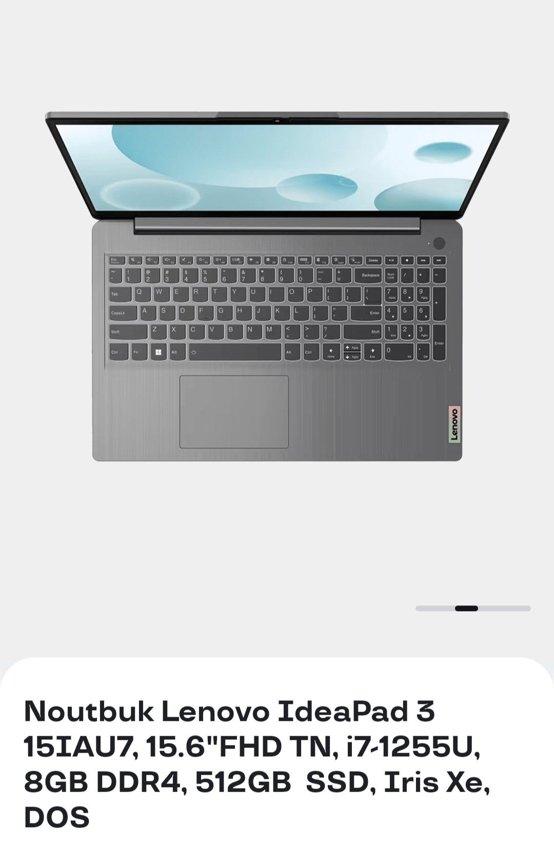 Noutbuk Lenovo IdeaPad 3 15IAU7,15.6"FHD TN, i7.1255U. 8GB DDR4, 512GB