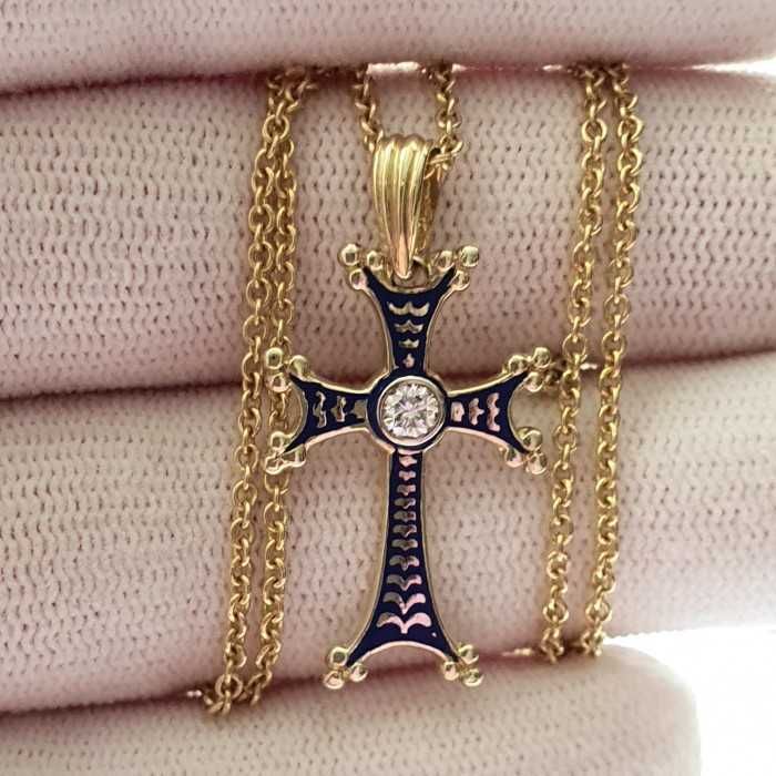 Lant Si Cruce Aur 14K Cu Email Si Diamant Natural