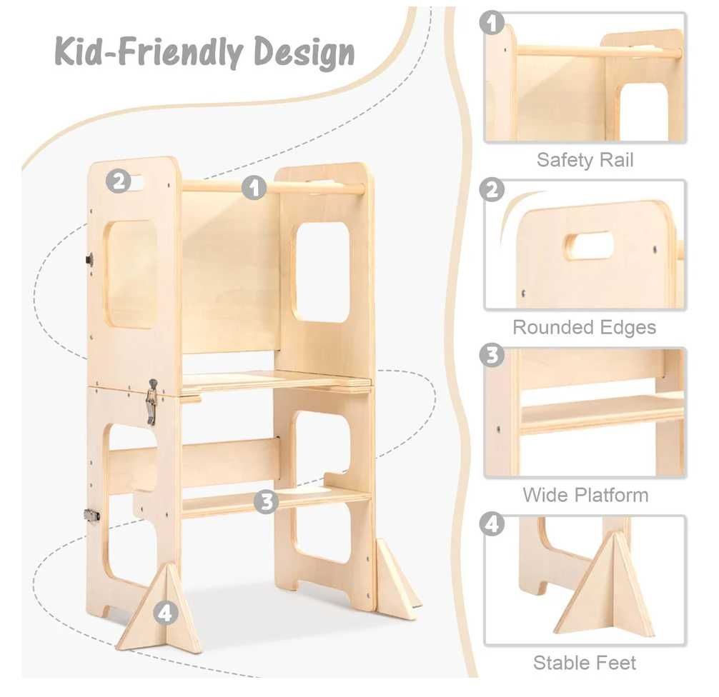 Turn de invatare Montessori 3 in 1 detasabil (Alb/Lemn natur)