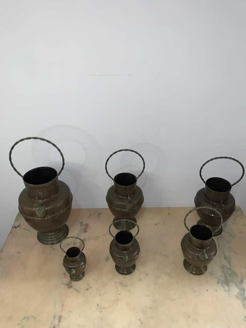 Set carafe sase buc din cupru cu ornament si maner din bronz