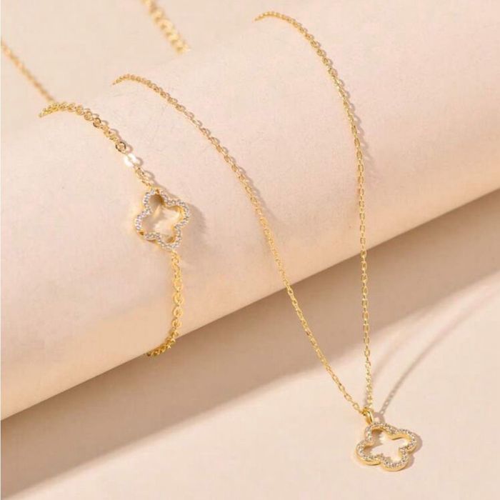 Van cleef сет комплект гривна колие сребро с цирконкии детелина бижу