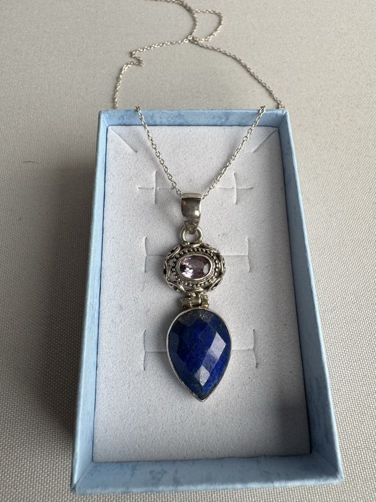 Pandantiv si lant argint. Lapis lazuli si ametist.