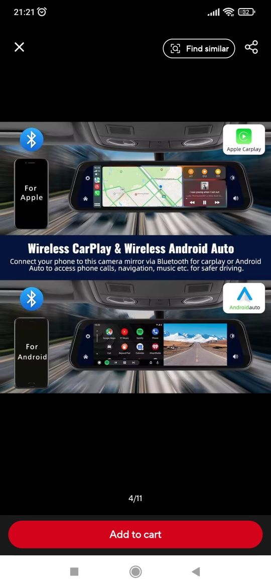 Огледало Видеорегистратор Задно виждане CarPlay,Android Auto,Задна Кам