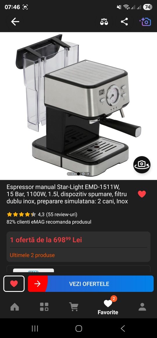 Espressor manual Star-Light EMD-1511W, 15 Bar, 1100W, 1.5l, dispozitiv