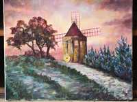 Стара нерамкирана картина акварел - мелница и пейзаж от Германия