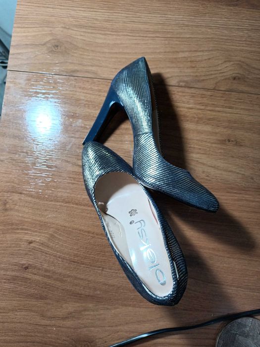 Pantofi stiletto argintiu-albastru, piele naturală,  36