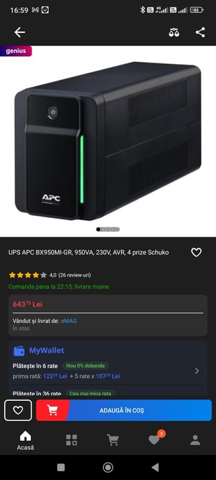 UPS stabilizator curent Schneider APC BX950MI-GR 950VA/520W - NOU