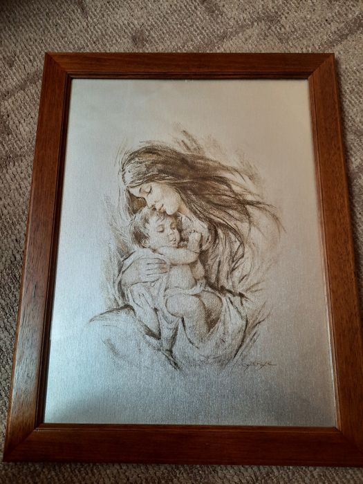 Litografie tânără cu copil în brate (posibil Fecioara Maria)