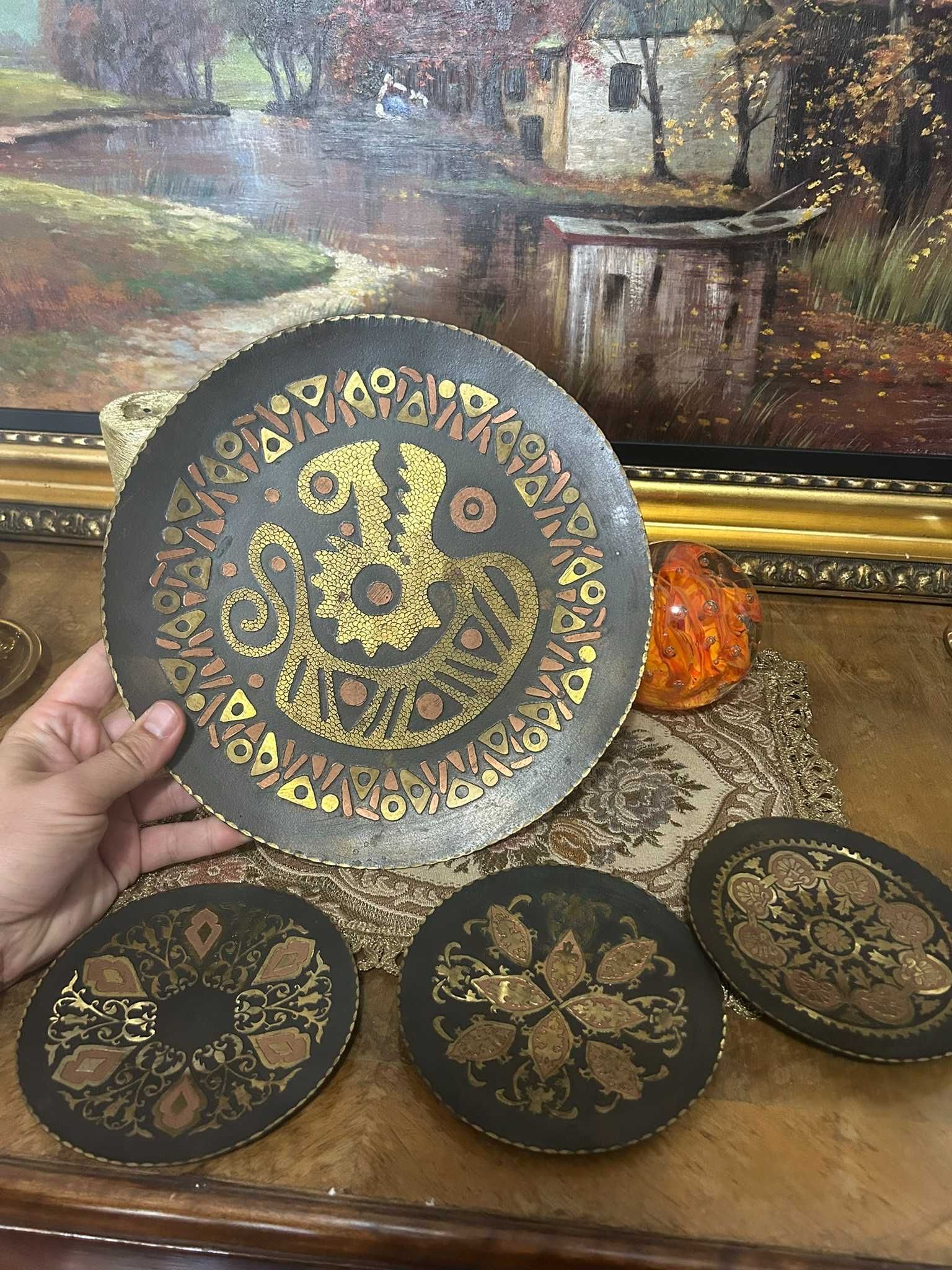 DN945 Set de 4 farfurii decorative alama/cupru superbe 788g 24 si 13 d