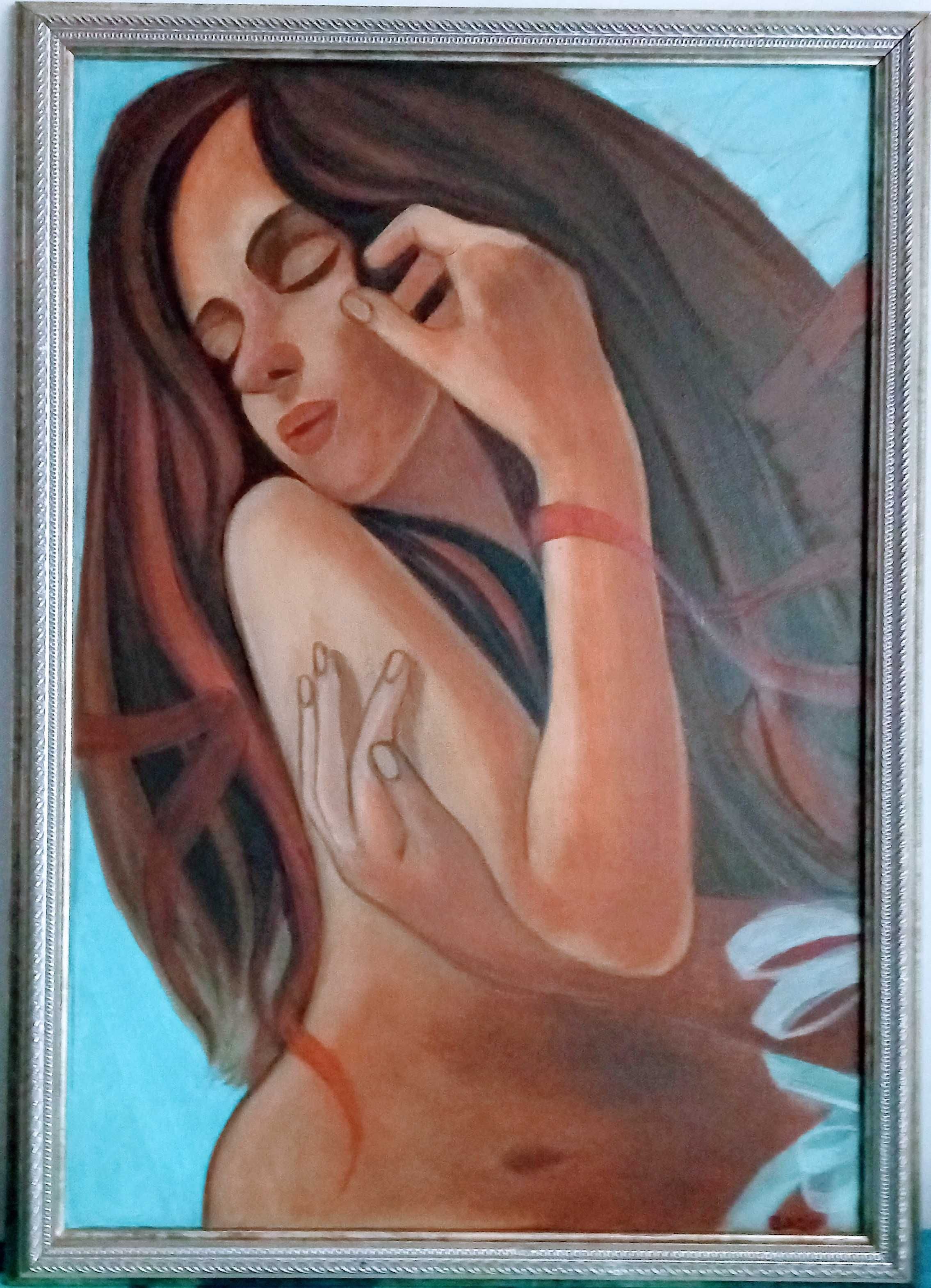 Tablou NUD pictat manual in ulei pe panza , 60x43 cm, rama lemn