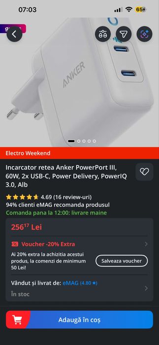 Vând incărcător Anker 60W