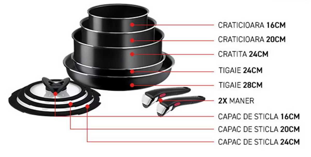 Set 5 tigai TEFAL 3 capace 2 manere (10 piese) 16-28cm sigilate NOU