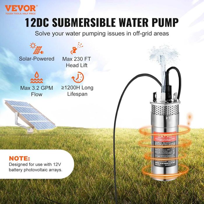 Pompă de apă solară VEVOR, 12 V DC 120 W pompă submersibilă puț adânc