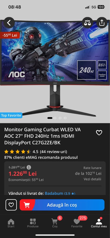 Monitor Gaming aoc 240hz 0.5 ms 27 inch