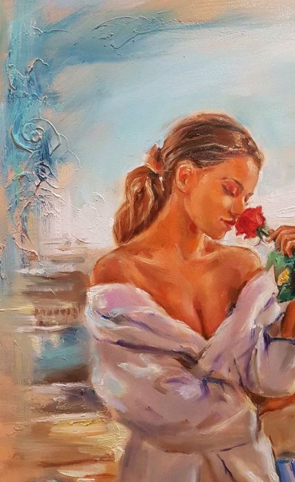 РОМАНТИЧНА  ВЕЧЕР, Рисувана, маслена картина върху 3d платно, 60 на 50