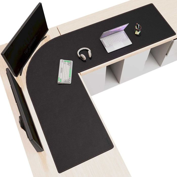ZORESYN L-образна подложка от изкуствена кожа за бюро, 157×60 см,черна
