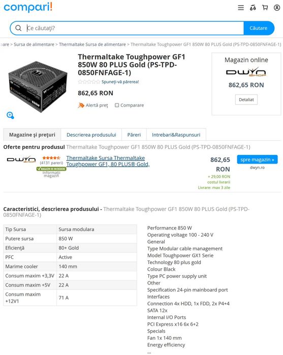 Sursa Thermaltake Toughpower GF1, 80+ Gold, 850W