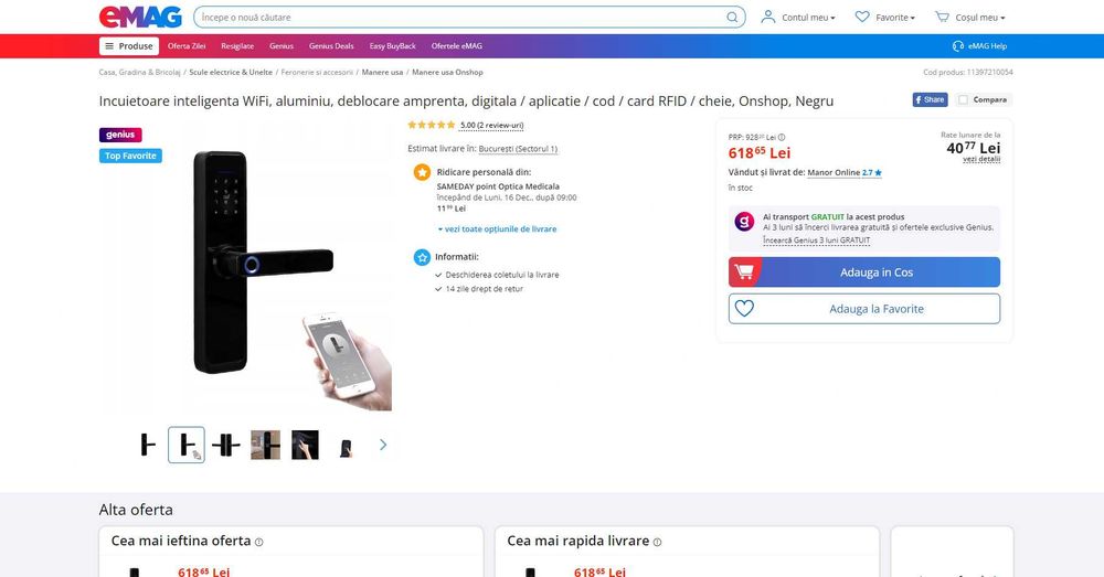 Yala Smart, aluminiu, debloc Amprenta/APP/Cod/RFID, REDUS de la 620RON