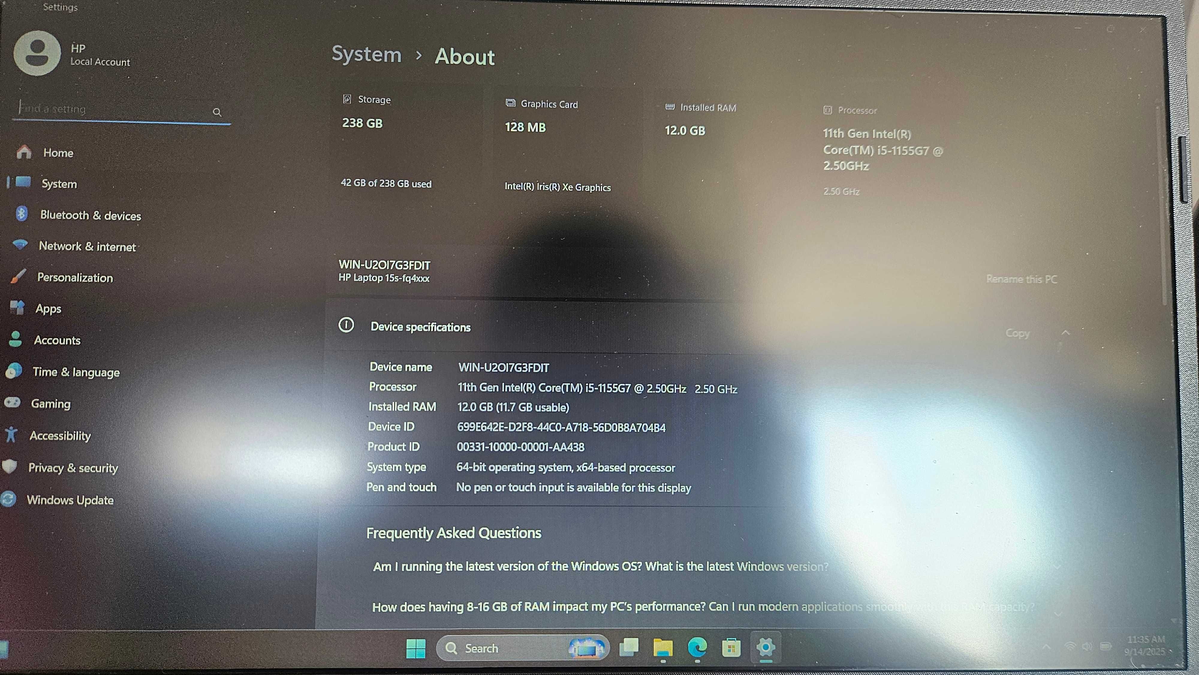 HP 15s-fg4xxx Intel i5 1155g7 12gb RAM 256gb SSD NVMe