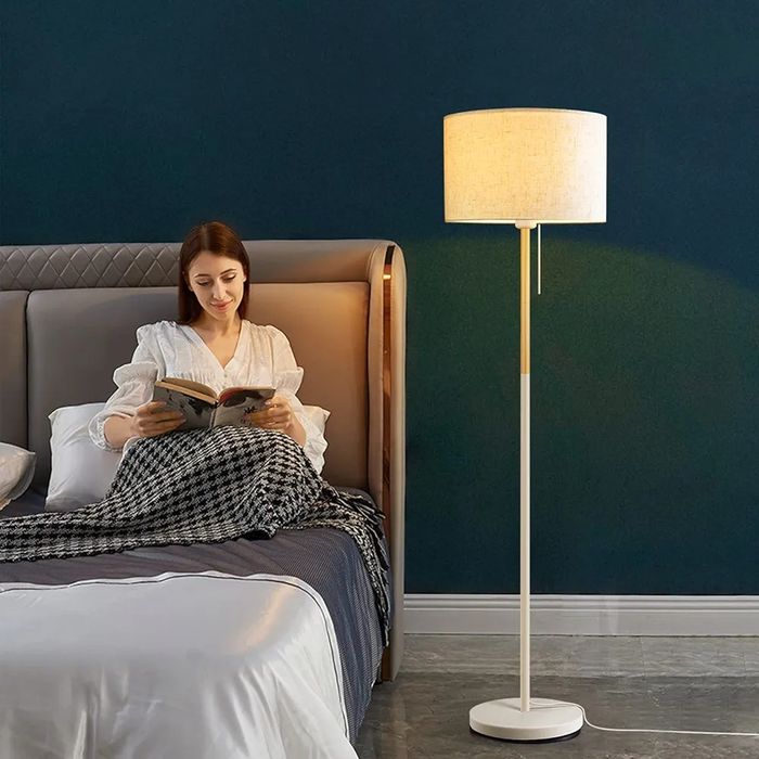 Бяла Подова лампа с ленен абажур за всекидневна, спалня