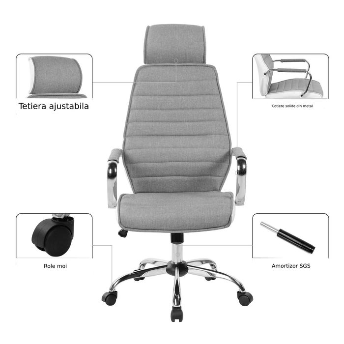 Scaun ergonomic Kring Walter, cu tetiera, stofa + piele ecologica, Gri