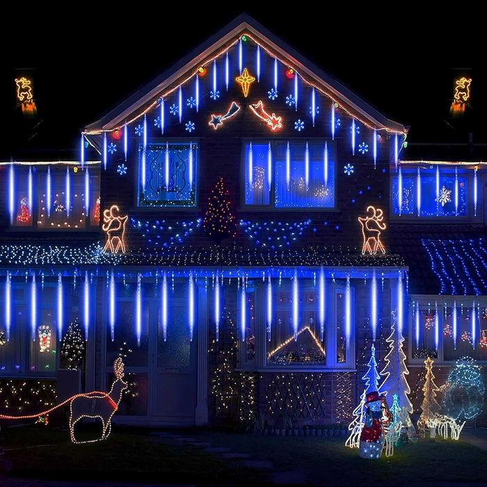 Соларни коледни лампички падащ сняг 3м х 30см снежно синя светлина LED