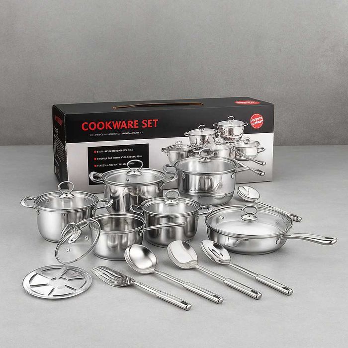 Комплект съдове и прибори за готвене от неръждаема стомана - 18 части