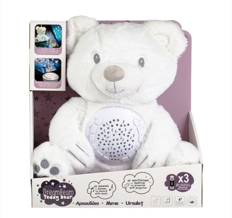 Бяло плюшено мече с проектор за звук и светлина