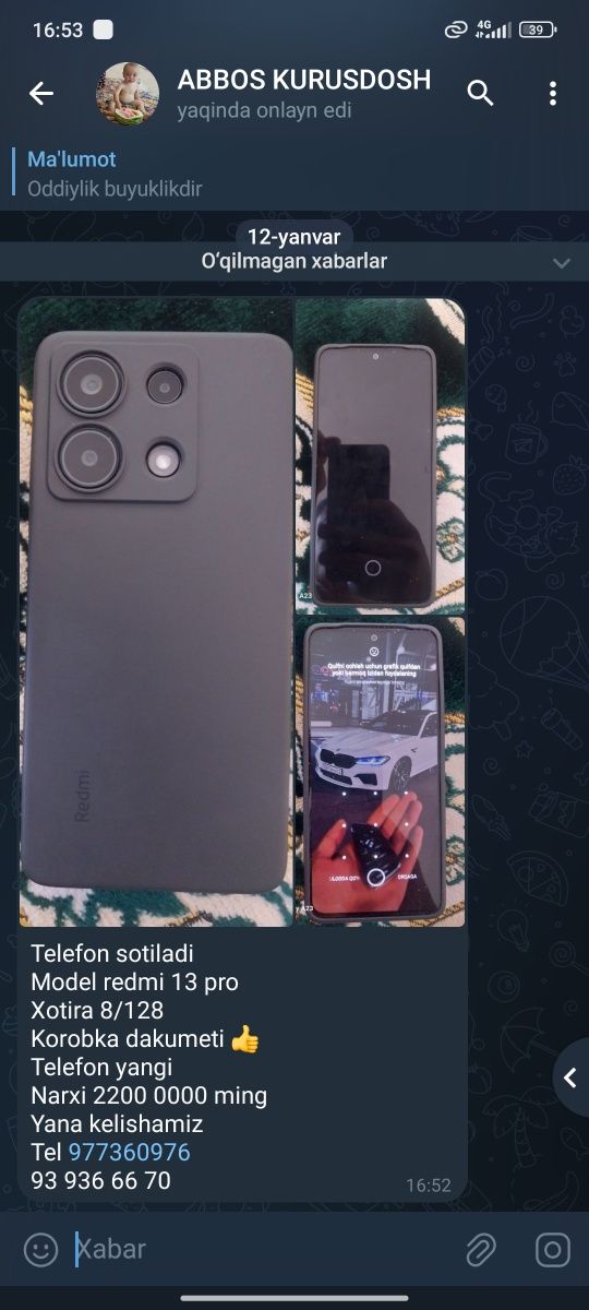 Redmi node 13 pro 6/128 telefon yangi karopka dakumen bor narxi 2 mlon