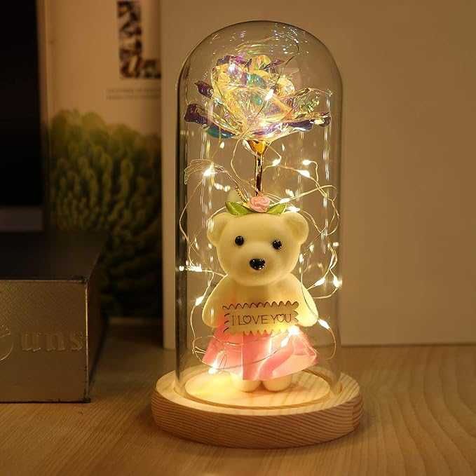 Безкрайна роза в стъклен купол с LED светлинна верига
