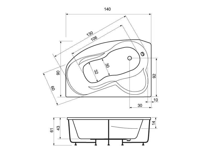 Cada baie colt asimetrica west ana 140x90x61 cu masca si suport