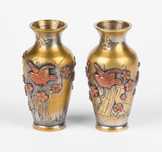 Pereche de vase mici,din bronz si cupru,Japonia Meiji 1880- argint.ro