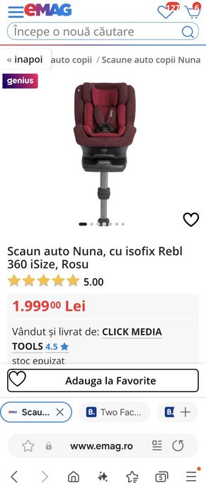 Scaun auto isofix i-Size Nuna REBL PLUS 360°  gri = ca nou