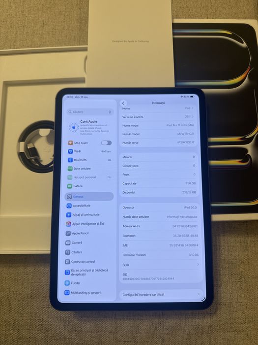 ipad pro 11” cu M4 256gb space black, wifi plis cellular