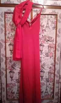 Красно-розовое(коралловое) платье с платком
