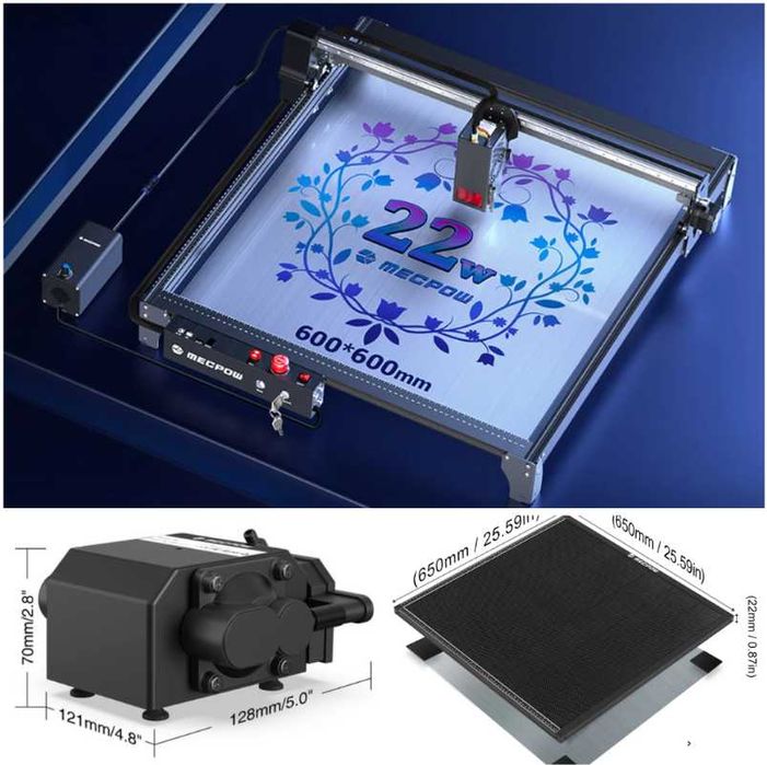 Laser CNC X5 Pro, 22W Optic, 600x600mm + air assist + fagure- NOU