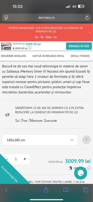 Vand pat King Size 180x200 Sullivan + Saltea Dormeo Imemory Silver